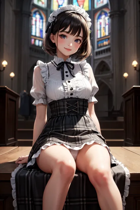 very cute and beautiful girl,(highly detailed beautiful face), (smile),blush,black hair,looking at viewer,(elegant brown plaid lolita dress with detailed frills),detailed lace, sitting,spread legs,arms behind back,(laced white panties), altar,church,indoor...