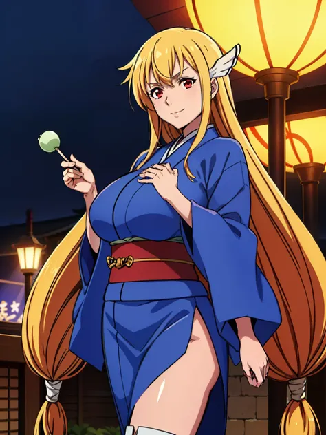 hand holding dango, gold boots, blue kimono, night time, japanese lampion, crowded, (japanese carnaval background), astraea, anime cels style, best quality, high resolution, 1girl, (huge breasts:1.2), beautiful face, blonde hair, long hair, (red eyes:1.5),...