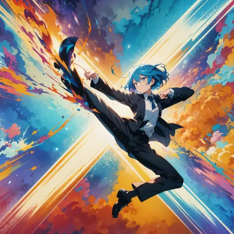 Anime character in a suit kicking fire on a colorful background, anime style 4k, terrible anime 8k, ufotable art style, Killian Eng&#39;s vibrant colors, Anime Land of the Lustrous, anime art wallpaper 8k, just a joke, anime art wallpaper 4k, anime art wal...