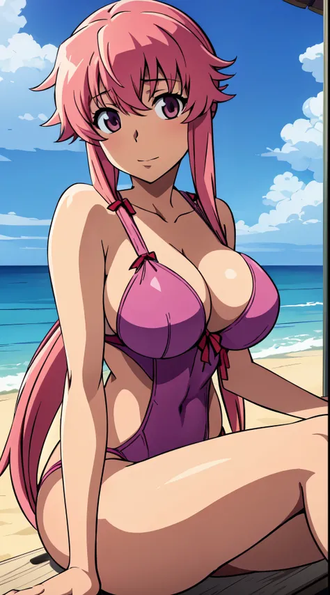 anime_still, masterpiece, best quality, sexy, 1girl, Yuno Gasai is sunbathing on the beach in a one-piece swimsuit, (large breasts:1.5), beach, sunbathing, relaxing