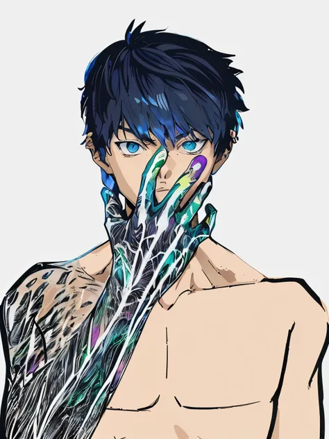 anime boy with blue eyes and hands painted with colorful paint, full color manga visual style, colored manga art, psychedelic manga, colored manga, anime style hyper detailed, anime character; full body art, digital manga art, inspired by Yuumei, high qual...