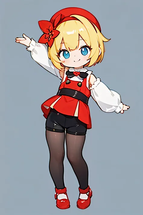 A girl with impressive blonde hair、hair ornaments、short bob、black pantyhose、No sleeve、hot pants、smile、Cute shoes with accessories、red hair band、dynamic pose