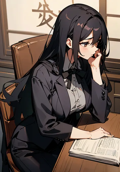 {best quality},company desk、long black hair、woman、Large beautiful breasts、suit、sit in a chair 、Leaning your elbows on the desk、Pensive、looking away from the camera、Side view、cowboy shot