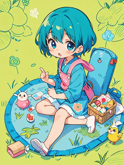 Fujio Akatsuka Style, Kawaii Design, most beautiful girl ever、Chibi, birdie、picnic