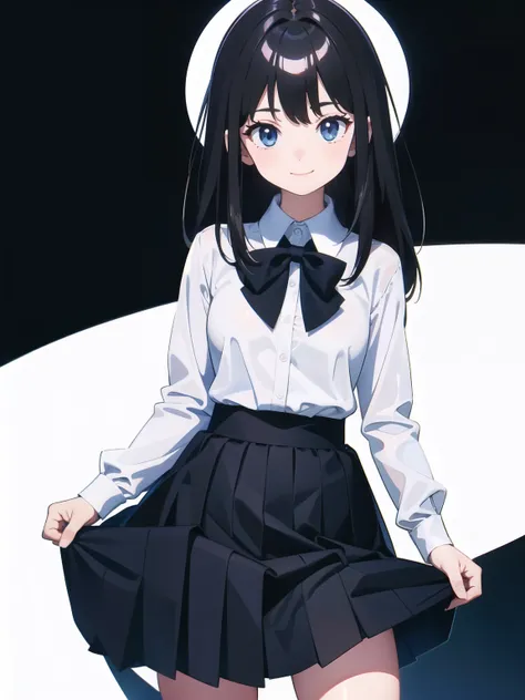 { masterpiece : best quality : high resolution : unity 8k wallpaper : illustration } { Background = school } { lolicon : long smart dark hair  : perfect slender  : perfectly small shape breast : white collar shirt : black skirt : smile }