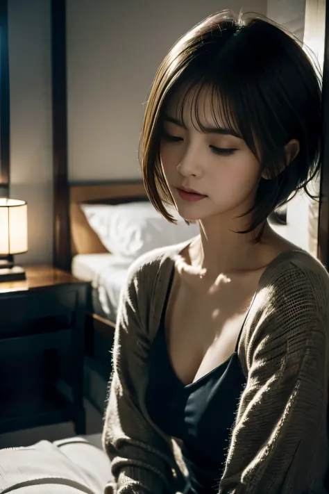 modern room、quiet time at night、Beautiful woman resting in a sophisticated black and white room、short haired、Beautiful Japanese actress nightgown、(realistic、photo realistic),Close ~ eyes