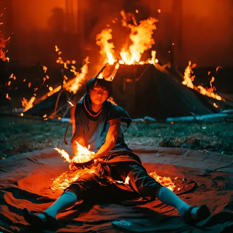 Anime boy on the ground, a wolf spirit is on top of inside a fire circle