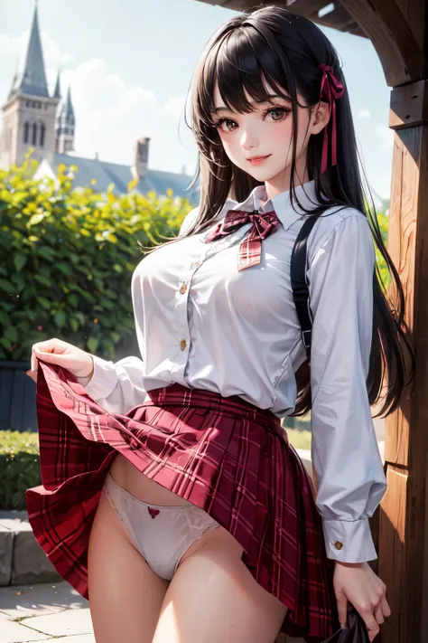 very cute and beautiful girl,(highly detailed beautiful face),(smile),blush,cowboy shot, (white blouse with detailed frills),long sleeve BREAK standing,skirt lift,laced white panties, hair ribbon,black hair,(scarlet plaid mini skirt) BREAK wooden arbor in ...