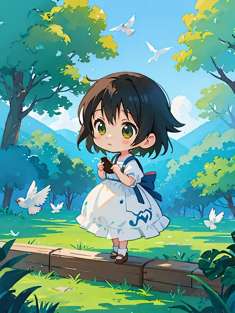 Makoto Shinkai style, Kawaii Design, most beautiful girl ever、Chibi, birdie、High walls