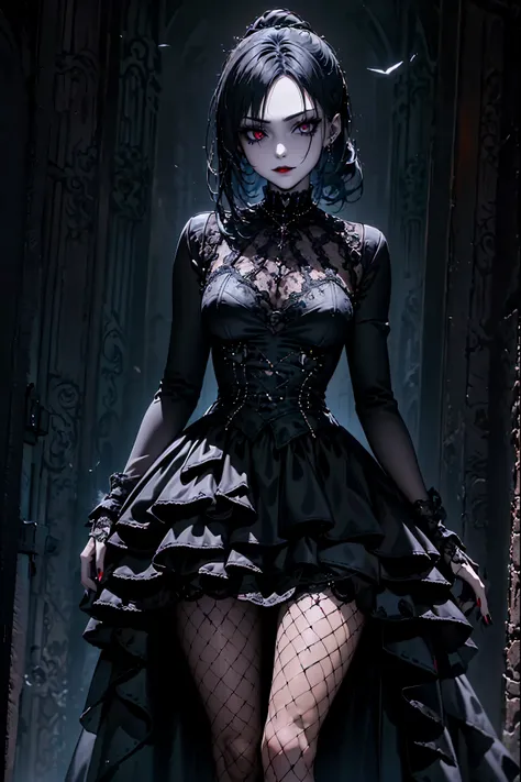 a true portrayal of a goth girl, wearing studded clothing. she wore striking black eye makeup, emphasize the depth and intensity...