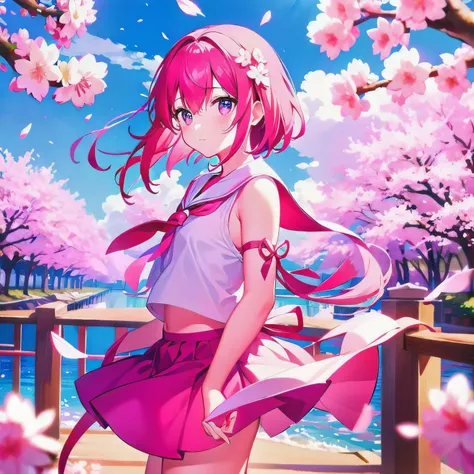 master peace, 1girl, solo, hair between eyes, closed mouth, standing, flower, outdoors, sky, cloud, tree, petals, floating hair, cherry blossoms, pink flower, (sailor suit), (((face focus))), (((looking at another))), (sakura effect:1.4)