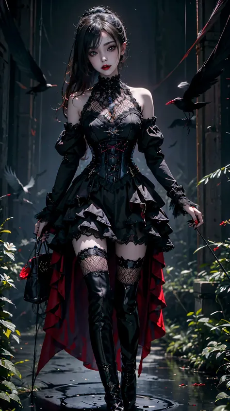 gothic girl，she stepped out of a traditional red telephone booth wearing a studded pvc corset，there are feathers on the shoulder...