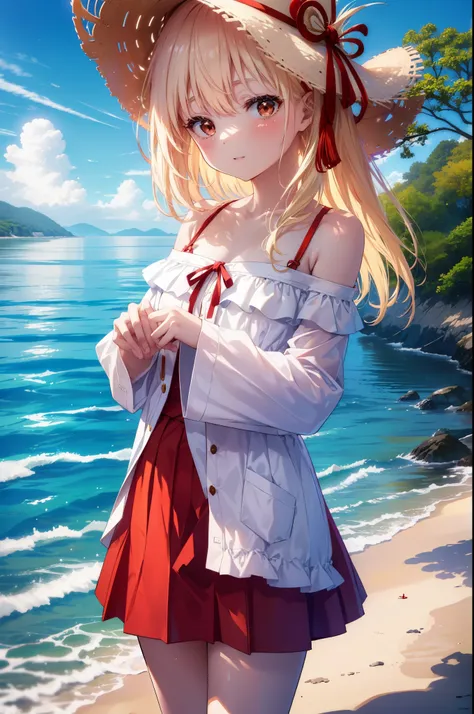 chisatonishikigi, nishikigi chisato,long hair , bangs, blonde hair, (red eyes:1.5), happy smile, smile, open your mouth,big straw hat,off shoulder dress,long skirt,naked neck,bare shoulders,bare clavicle,Grab the skirt with both hands and lift it up,barefo...
