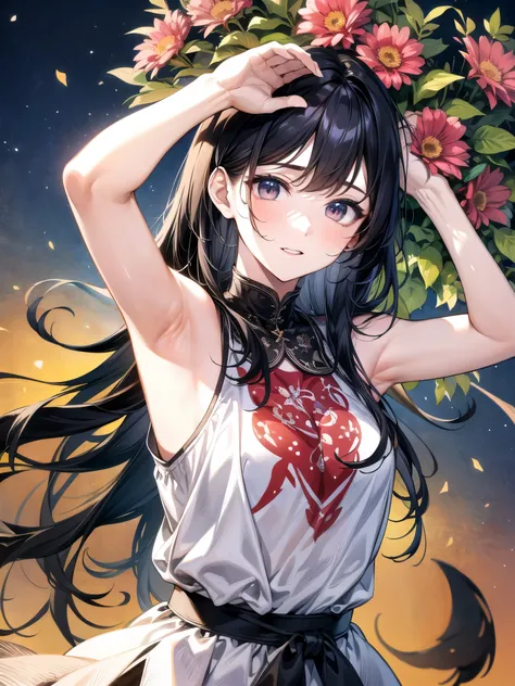 everyday scenery:1.3 Close-up、Red-black hair、straight hair、cute、summer:1.3、shirt:1.3、、skirt(((Highest image quality、High resolution、masterpiece、one woman)))、(((showing armpits:1.3)))、(((embarrassing:1.3、)))、(((cute)))、flower