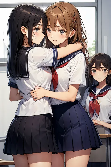 two high school girls hugging each other while crying、sad expression、tears、school classroom、