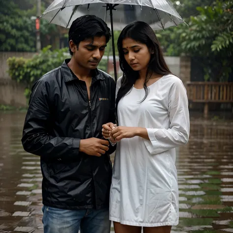 Indian couple standing in rain and are in love together and both are fight and are little sad make it best that yoh could.