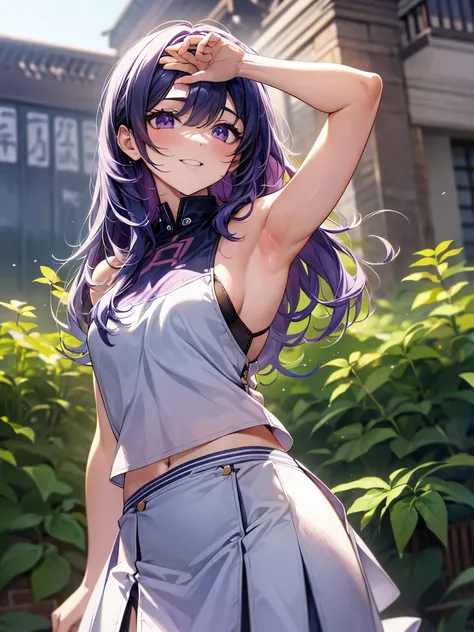 Angle from below:1.3,grin、Close-up、purple hair、straight hair、cute、summer:1.3、shirt:1.3、、skirt(((Highest image quality、High resolution、masterpiece、one woman)))、(((showing armpits:1.3)))、(((embarrassing:1.3、)))、(((cute)))、flower、everyday scenery