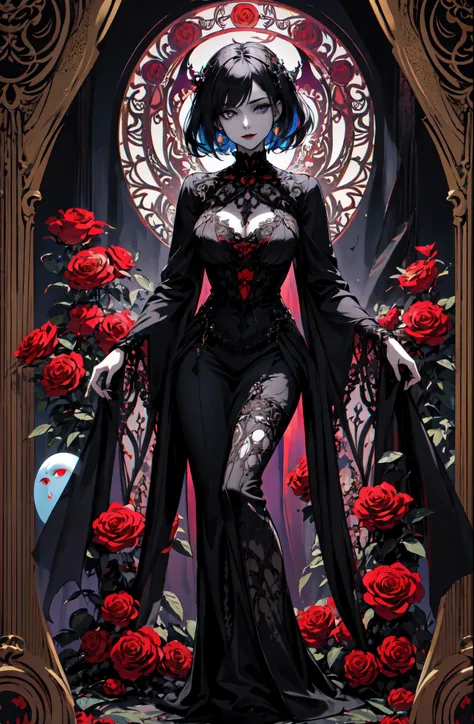 
Basic Art Nouveau style, A Vampire woman tarot card with, woman, perfect face, young, (((Oval face))), dark clothes, Soft and melancholy face, exquisite, No wrinkles, gothic style, Perfect for detailed eyes and face, black hair and blue eyes vampire woman...