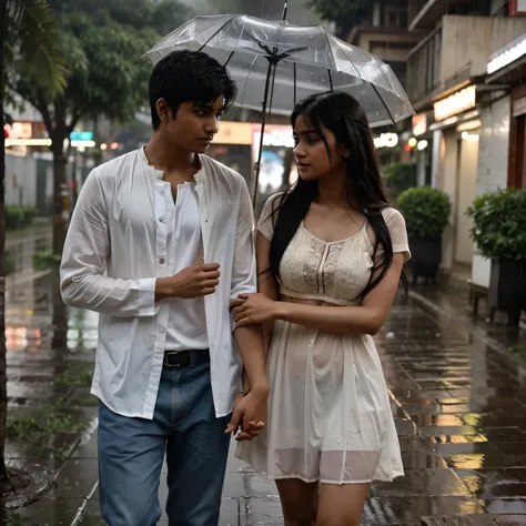 Indian Anime couple standing in rain and are in love together and both are fight and are little sad make it best that you could. Both should be of age somewhere around 20 or 22 in indian clothes not wester wears.