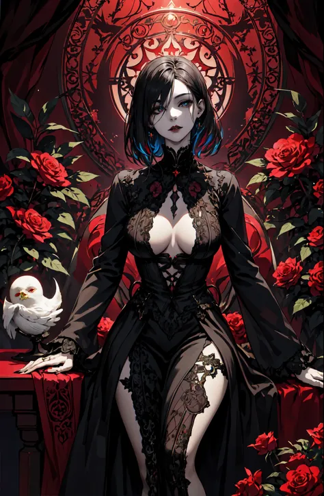 Basic Art Nouveau style, A Vampire woman tarot card with, woman, perfect face, young, (((Oval face))), dark clothes, Soft and melancholy face, exquisite, No wrinkles, gothic style, Perfect for detailed eyes and face, black hair and blue eyes vampire woman,...