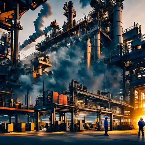 create a scene where a man, an industrial operator, is looking at an industrial hall, an industry, working hours, industrial processes, creation of products, parts, realistic theme, with technology.