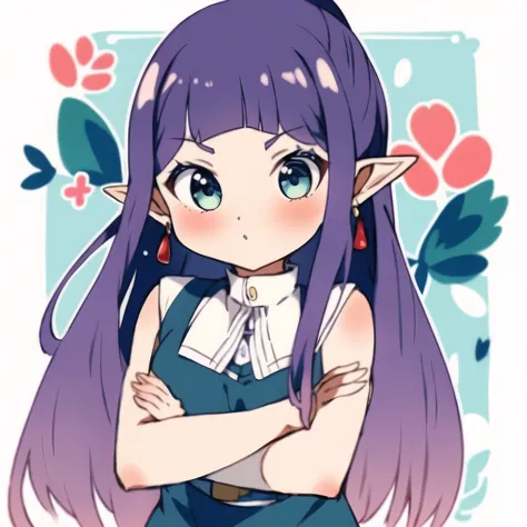 to freeze, 1 girl, long hair, pointed ears, ponytail, jewelry, elf, earrings, split bangs, flower, serious, crossed arms, blushi...