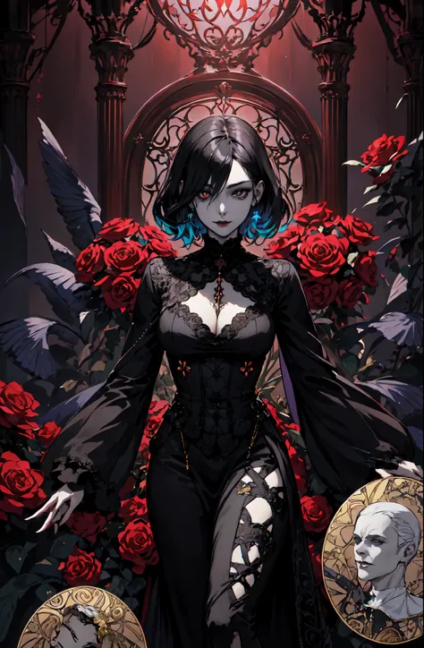 Basic Art Nouveau style, A Vampire woman tarot card with, woman, perfect face, young, (((Oval face))), dark clothes, Soft and melancholy face, exquisite, No wrinkles, gothic style, Perfect for detailed eyes and face, black hair and blue eyes vampire woman,...