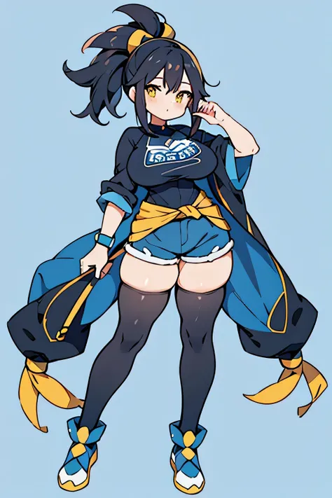 Human Swampert Pokemon; big breasts;full body;Costumes inspired by Lagrazi Pokemon;yellow eyes;black hair;blue clothes;female;Yankee;background white;No background;thick thighs;Thighhighs;shorts