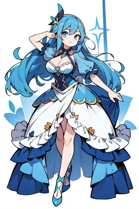 Human Wayneval Pokemon; big breasts;full body;Costumes inspired by Val Pokemon;female;blue clothes;blue hair;light blue eyes;dancer;background white;No background