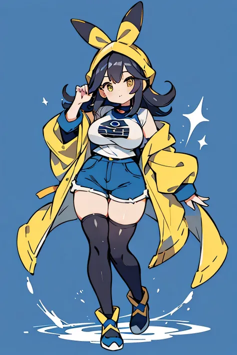 Human Swampert Pokemon; big breasts;full body;Costumes inspired by Lagrazi Pokemon;yellow eyes;black hair;blue clothes;female;Yankee;background white;No background;thick thighs;Thighhighs;shorts