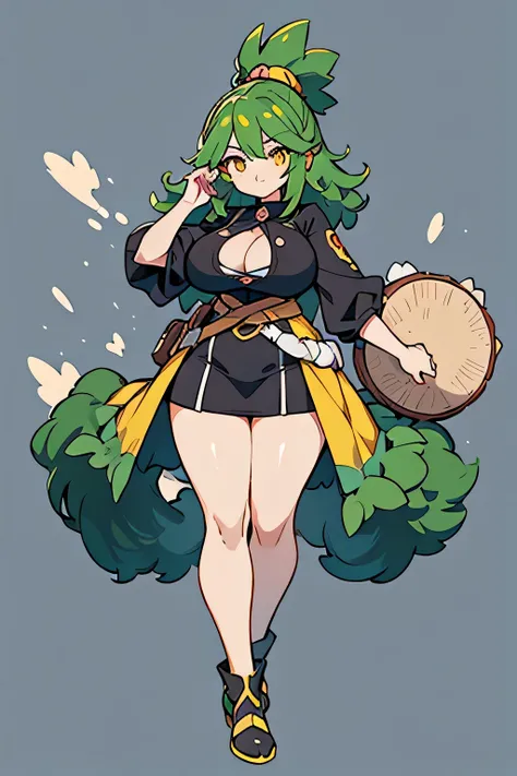 human gorillander pokemon; big breasts;full body;Gorylander Pokemon-inspired costume;female;black clothes;green hair;yellow eyes;drum;No background;background white;thick thighs