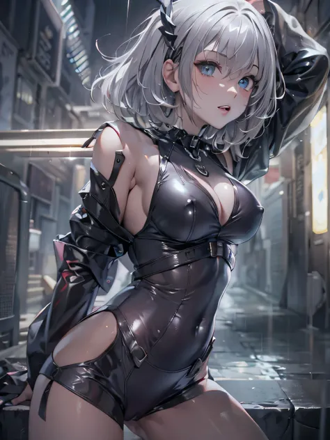 (photorealistic:1.8, highest quality:1.8,8K masterpiece:1.8,High resolution,muste piece:1.8,RAW Photos,cinematic lighting)、cyber punk、Back alley at night in the city、rain-soaked ground、vapor、
(1 android girl:1.3)、Misaka Mikoto、succubus、half coat、Completely...