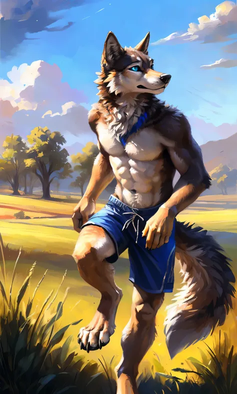 ((solo)), male people, anthro wolf, (multi-colored fur, white-brown:1.3，white tail pointed), (height 2.1m,tail length 1.2m), ((w...