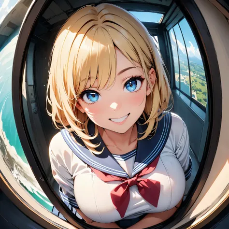 The view from the peephole, Realistic young woman with blonde hair(length to shoulder), blue eyes and big breasts. She is smiling at the viewer, sailor suit, pleated skirt. Screen vignetting, wide angle shot, The corners of the screen are blackened., There...