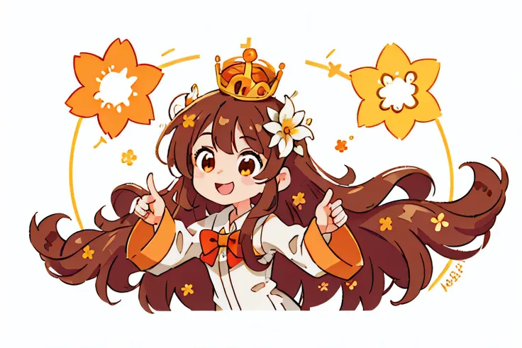 Girl with long brown hair，Wearing a white wedding suit，（with crown），In the sea of orange flowers，colorful，Dance（with love）happy（surrounded by love），O sign，vector，line art，design，inspiration，straight line，RHAD