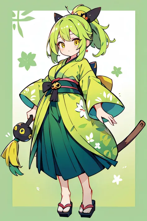 human ogrepon pokemon; big breasts;full body;Outfits inspired by Ogapon Pokemon;kimono;stick;female;yellow eyes;green hair;No background;background white