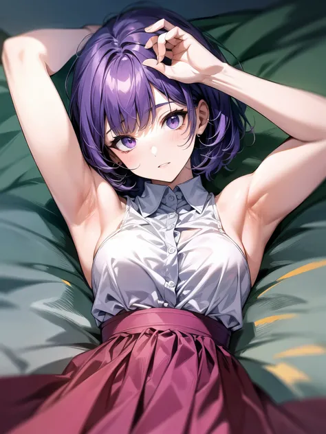 Angle from below:1.3,everyday scenery:1.3 Close-up、purple hair、bob cut hair、cute、winter:1.3、collared shirt:1.3、、skirt(((Highest image quality、High resolution、masterpiece、one woman)))、(((showing armpits:1.3)))、(((embarrassing:1.3、)))、(((cute)))、flower、lie o...