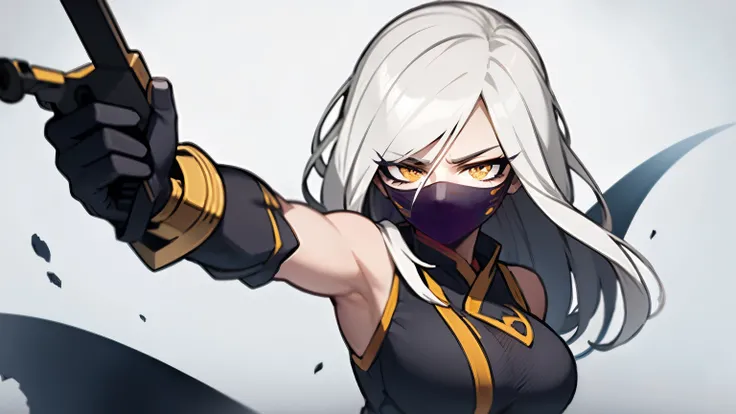 (best quality,highres),tall woman with a big bust smiling towards the camera, removing a black mask with her white hair and yellow eyes, dressed in a white ninja costume with blood stains, holding a gun crying
