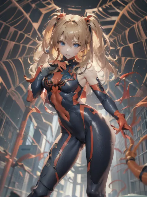 (photorealistic:1.8, highest quality:1.8,8K masterpiece:1.8,High resolution,muste piece:1.8,RAW Photos,cinematic lighting),
cyber punk、spider girl、(Soryu Asuka Langley)、(High leg spider tight suit:1.7)、((Moderate chest:1.3)、Arachne tattoo on chest、Arachne:...