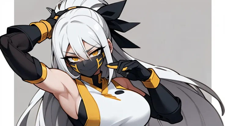 (best quality,highres),tall woman with a big bust smiling towards the camera, removing a black mask with her white hair and yellow eyes, dressed in a white ninja costume with blood stains, holding a gun crying
