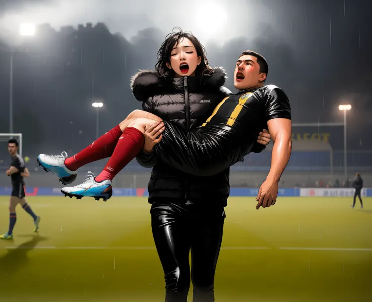 a shouting chinese womanl in a laquered and very shiny quilted coat carries a man, a chinese woman carries a male soccer player, a chinese woman carries a male soccer player in her arms, rainy weather, rainfall, humid, girl carries guy, lift and carry, an ...