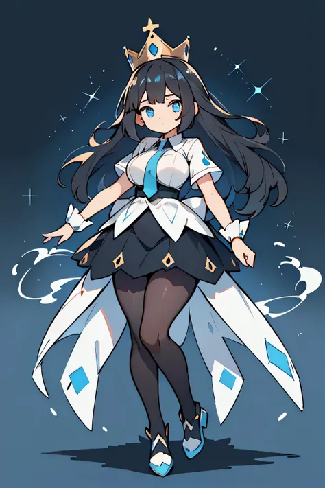 Human Empel Pokemon; big breasts;full body;Outfits inspired by Empelt Pokemon;female;black clothes;black hair;blue eyes;light blue tie;crown;No background;background white;Female King;thick thighs;black tights