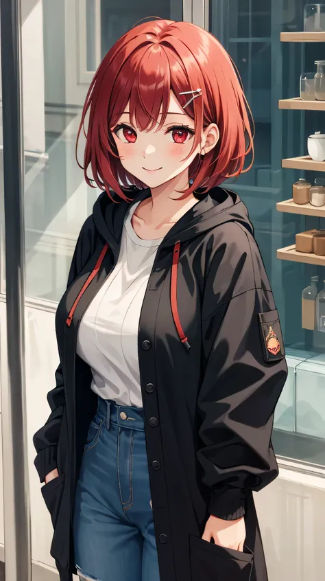 cute,cute,
1 girl, alone,
cranberry hair, pixie cut, bangs, hair ornaments,
red eyes,,
Close a view, from a pigeon,
Severe,
Oversized cardigan with patch pockets and hood,
big breasts,
BREAK The background is a cafe,Gemini,smile