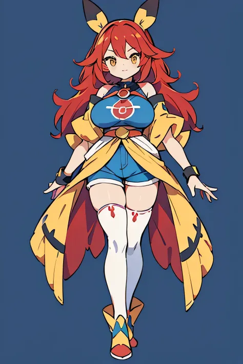 human ordile pokemon; big breasts;full body;Costumes inspired by Ordile Pokemon;yellow eyes;Red hair;blue clothes;female;Yankee;background white;No background;thighs;shorts;Thighhighs