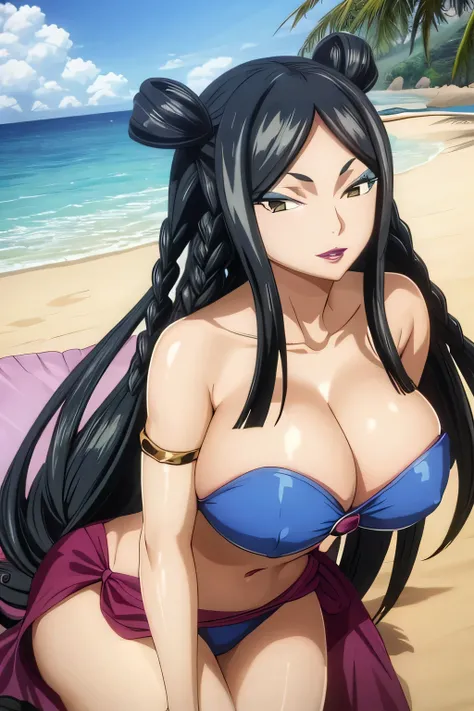 minevra,Fairy Tail,Big breasts,((Beautiful face)),((beautiful lips)),((Beautiful detailed eyes)),looking at the viewer,Beach,sea