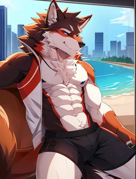 ((Solo)), male people, anthro wolf, (Multi-colored fur, White tail pointed), (Height 3meters,Tail length 2meters), Abs, pinginuscular, A long big tail, by patto, modern city