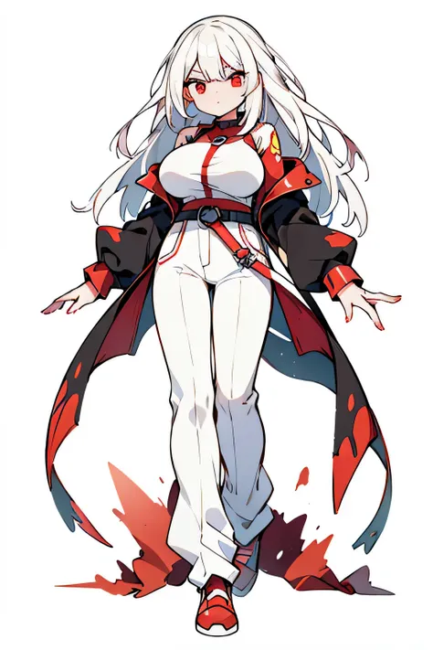 human aceburn pokemon; big breasts;full body;Aceburn Pokemon-inspired costumes;female;white clothes;white hair;red eyes;soccer;red pants;background white;No background