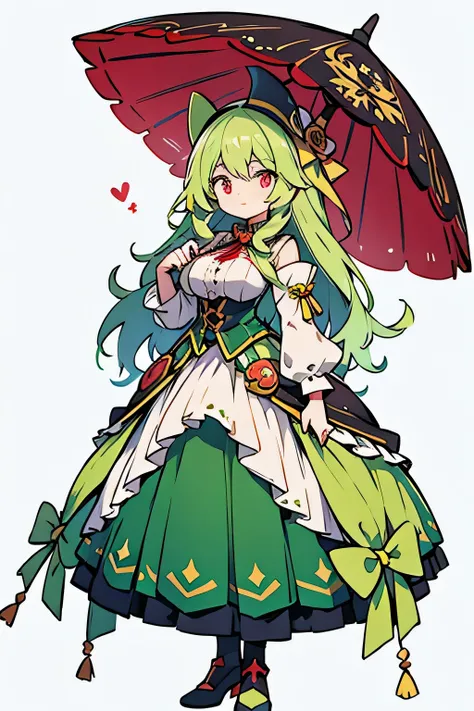 human mascanya pokemon; big breasts;full body;Costumes inspired by Mascania Pokemon;female;Light green clothes;light green hair;red eyes;Phantom thief;No background;background white;Lady;umbrella