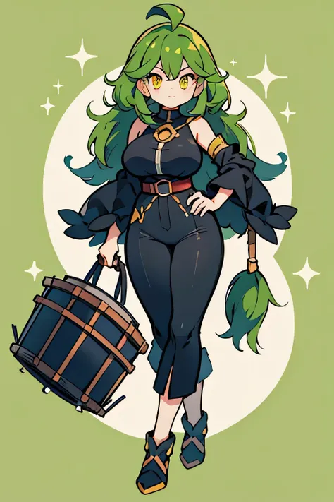 human gorillander pokemon; big breasts;full body;Gorylander Pokemon-inspired costume;female;black clothes;green hair;yellow eyes;drum;No background;background white