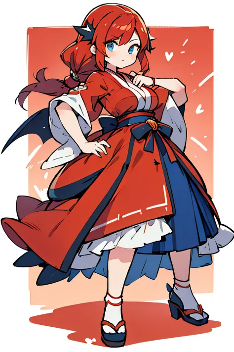 human charizard pokemon;big breasts;full body;Costumes inspired by Charizard Pokemon;blue eyes;Red hair;Red clothes;background white;No background;Japanese clothing